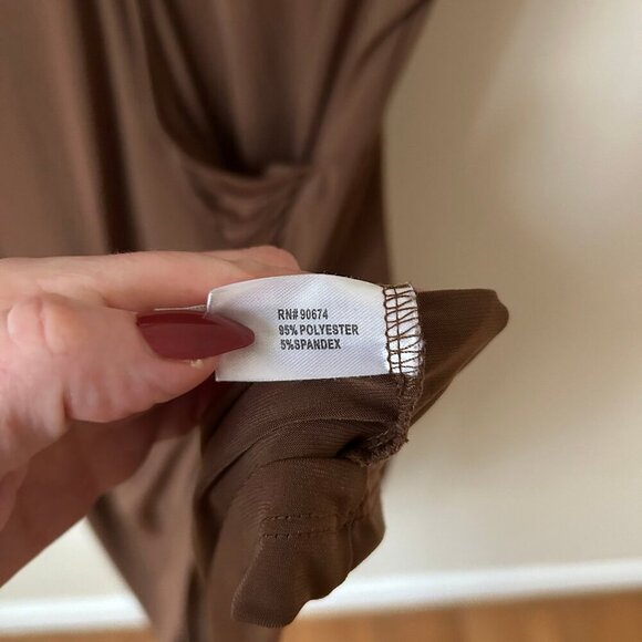 Boston Proper Side Ruched Faux Wrap Dress Brown Short Sleeve V-Neck Women’s 12 - Picture 3 of 5